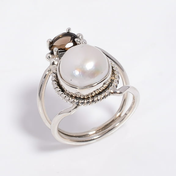 SATYAVIE JEWELLERY 925 Sterling Silver Rings for Women, Handamde Silver Baroque Pearl with Smoky Gemstone Ring Size US 9