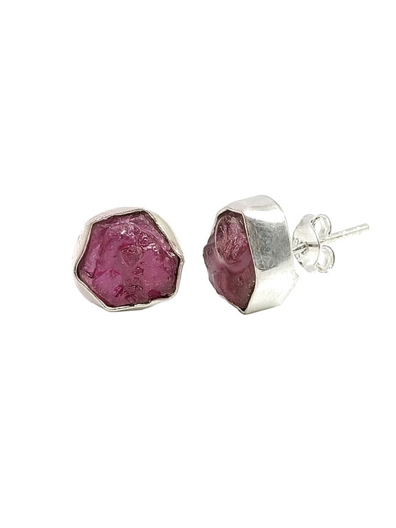 925 Sterling Silver Ruby Stud Earrings, Raw Gemstone Earrings, Handmade Stud Earrings for Women Daily Wear & Birthday, Valentine's Day, Anniversary Gift