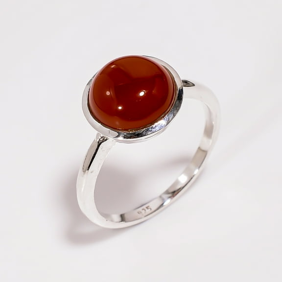 SATYAVIE JEWELLERY 925 Sterling Silver Statement Ring for Women, Natural Round Red Onyx Gemstone Ring Size US 9