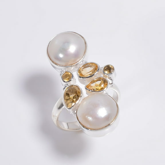 SATYAVIE JEWELLERY Beautiful Silver Baroque Pearl With Citrine Cut Gemstone Ring, 925 Sterling Silver Ring Size US 6, Cocktail Ring for Party Wear Handmade Designer Ring Jewelry