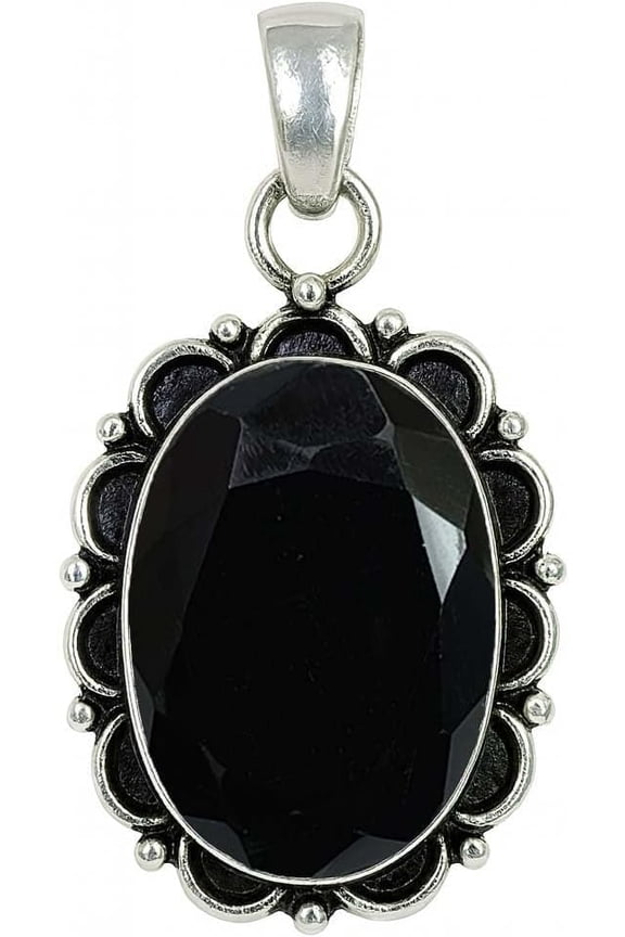 Black Onyx Pendant 925 Sterling Silver Antique Finish Oval Faceted Birthstone Jewelry Gift for Her