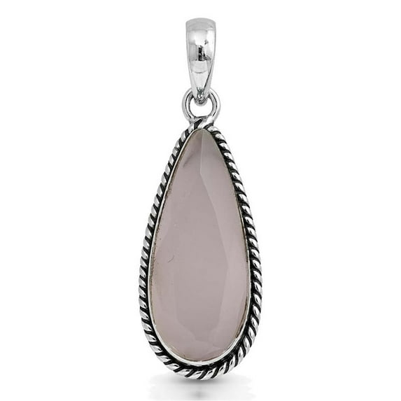 SATYAVIE JEWELLERY Handcrafted 925 Sterling Silver Rose Quartz Pendant – Natural Pear Shape Pink Gemstone Vintage Oxidized Jewellery