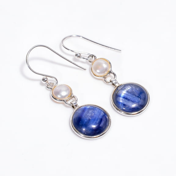 SATYAVIE JEWELLERY Handmade Earrings for Women, 925 Sterling Silver Dangle Earrings, Pearl Blue Kyanite Gemstone Earrings