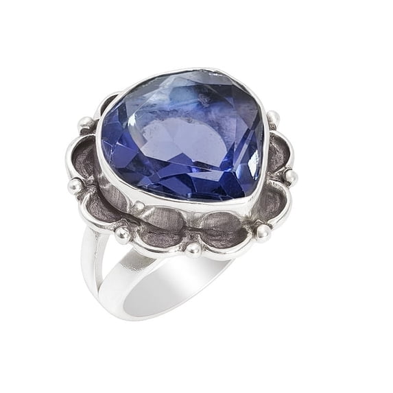 SATYAVIE JEWELLERY Handmade Silver Iolite Ring, 925 Sterling Silver Rings, Heart-Cut Gemstone Oxidised Ring, Vintage Ring Gift for Women Ring Size US 5.5