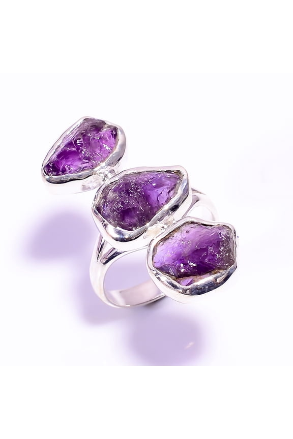 Natural Amethyst Raw Gemstone Ring, 925 Sterling Silver Ring, Three Stone Ring, Amethyst Silver Ring