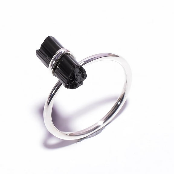 SATYAVIE JEWELLERY Natural Black Tourmaline Raw Gemstone Ring, Handmade 925 Sterling Silver Ring, Tourmaline Silver Ring