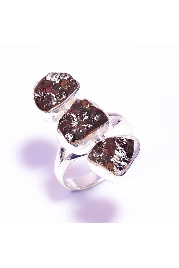 Natural Garnet Rough Gemstone Ring, 925 Sterling Silver Ring, Three Stone Ring, Garnet Raw Silver Ring