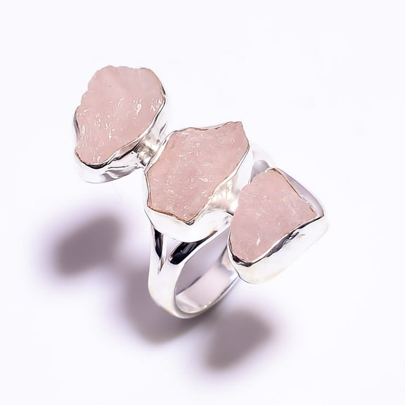 SATYAVIE JEWELLERY Natural Rose Quartz Raw Gemstone Ring, 925 Sterling Silver Ring, Three Stone Ring, Rose Quartz Silver Ring