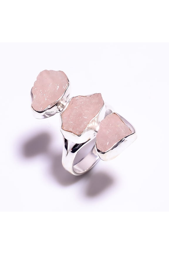 Natural Rose Quartz Raw Gemstone Ring, 925 Sterling Silver Ring, Three Stone Ring, Rose Quartz Silver Ring