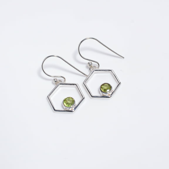 SATYAVIE JEWELLERY Silver Dangle Earrigns for Women, 925 Sterling Silver Natural Peridot Round Cut Gemstone Earrings Handmade Jewelry, Minimalist Earrings