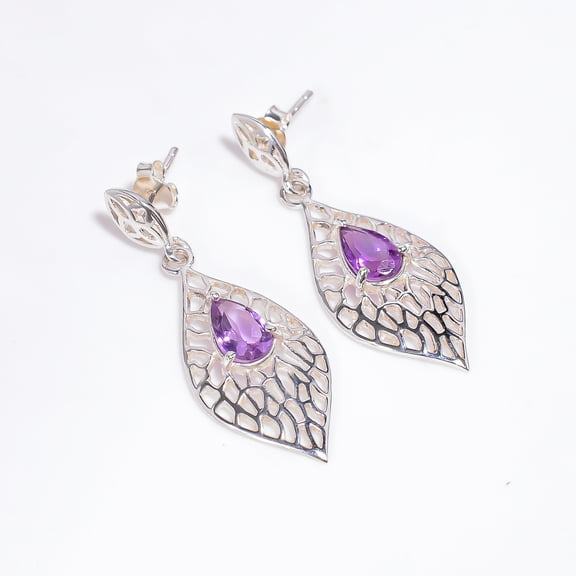 SATYAVIE JEWELLERY Silver Dangle Earring for Women, 925 Sterling Silver Drop Earring, Natural Pearl Cut Amethyst Gemstone Earrings