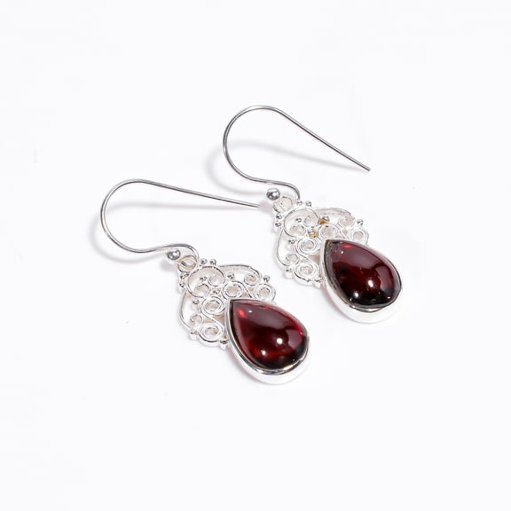 SATYAVIE JEWELLERY Silver Dangle Earring for Women, 925 Sterling Silver Earring, Natural Garnet Gemstone Earrings, Statement Earrings