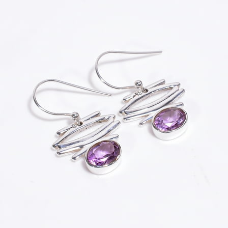 SATYAVIE JEWELLERY Silver Drop Earrings for Women, 925 Sterling Silver Dangle Earrings, Amethyst Oval Cut Gemstone Earrings, Handmade Earrings