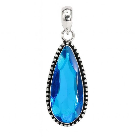SATYAVIE JEWELLERY Vintage Swiss Blue Topaz Pendant | 925 Sterling Silver Handmade Gemstone Jewelry | Oxidized Antique Finish Jewelry for Women