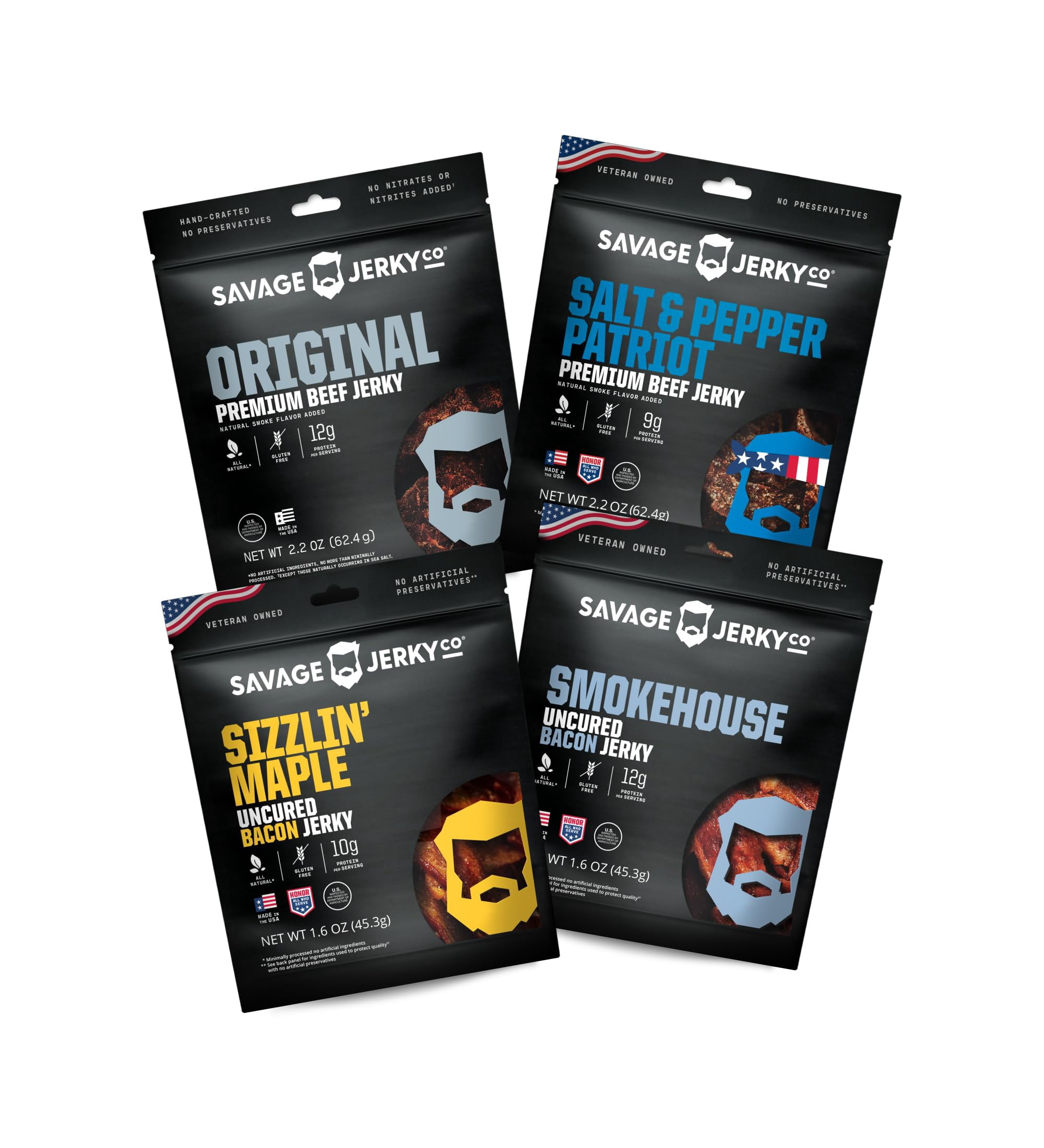 SAVAGE Bacon & Beef Jerky Variety 6-Pack - Salt & Pepper, Teriyaki, BBQ, Original, Bourbon, Sgt. Pepper, Gluten-Free