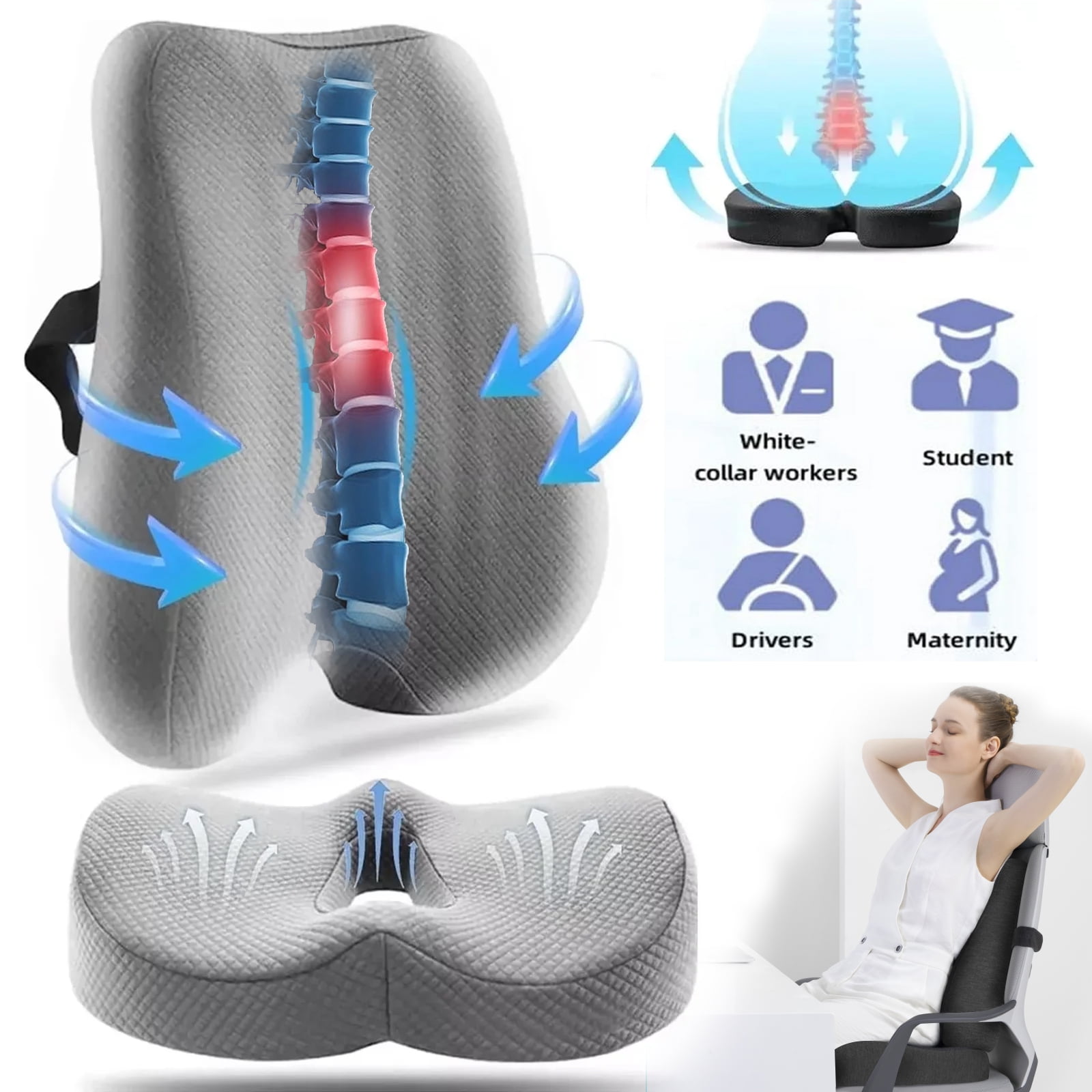 SAVALETOR Seat Cushion Lumbar Support Pillow Set Blue for Pressure Relief in Office Chair and Car Seat, with Memory Foam Cushion and Breathable Removable Cover
