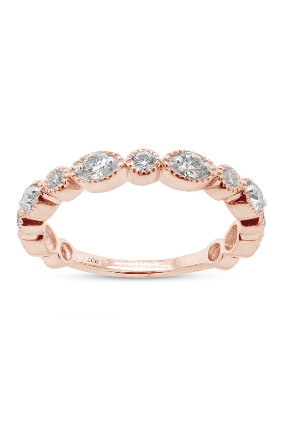 SAVEARTH DIAMONDS 1/2 ct. t.w Round Cut Lab Created Moissanite Diamond Milgrain Half Eternity Stackable Band Ring For Women In 10K Solid Rose Gold (G-H Color, VVS1 Clarity, 0.50 Cttw)-5.5