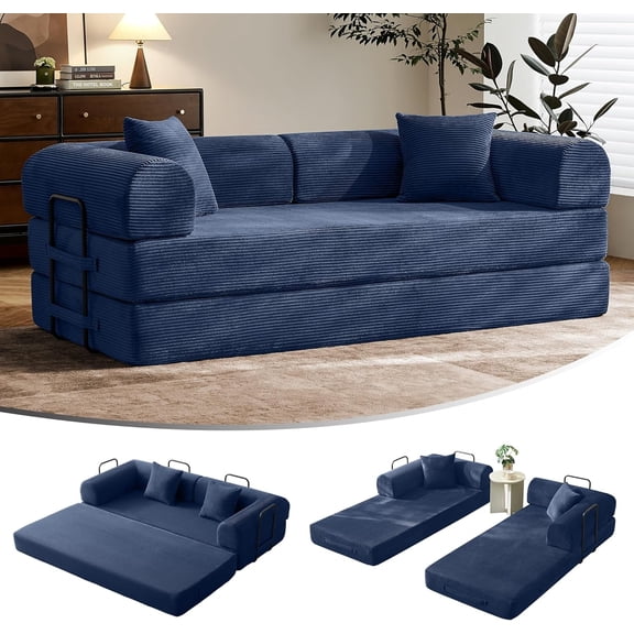 SAVENICA 79" Convertible Sofa Bed for Small Spaces, 5-in-1 Sleeper Sofa with Removable Arms | No Assembly Corduroy Futon | Fixed Frame for Stability | Includes Pillows (Blue)