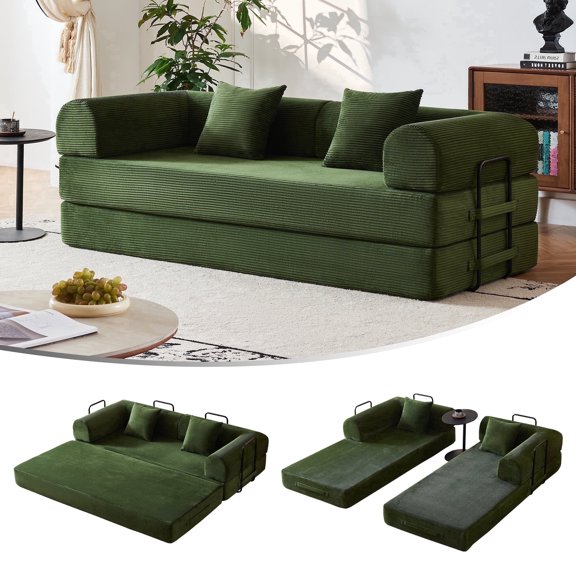 79" Convertible Sofa Bed for Small Spaces, 5-in-1 Sleeper Sofa with Removable Arms | No Assembly Corduroy Futon | Fixed Frame for Stability | Includes Pillows (Dark Green)