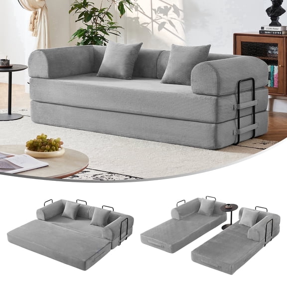 79" Convertible Sofa Bed for Small Spaces, 5-in-1 Sleeper Sofa with Removable Arms | No Assembly Corduroy Futon | Fixed Frame for Stability | Includes Pillows (Light Gray)