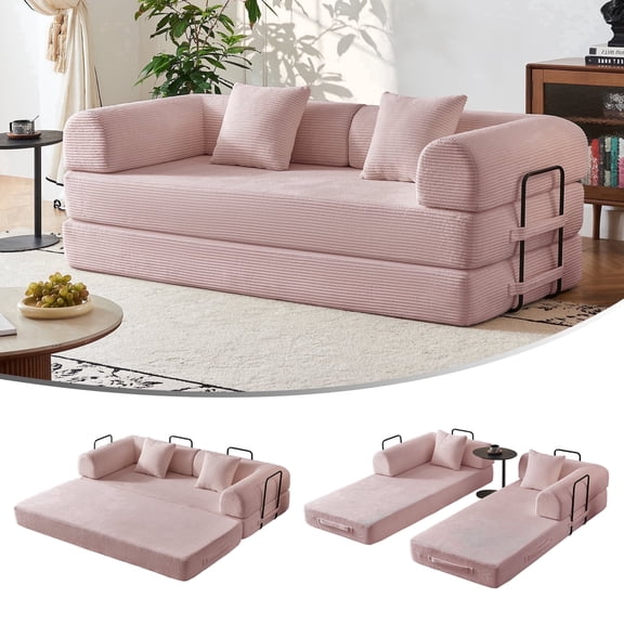 79" Convertible Sofa Bed for Small Spaces, 5-in-1 Sleeper Sofa with Removable Arms | No Assembly Corduroy Futon | Fixed Frame for Stability | Includes Pillows (Pink)