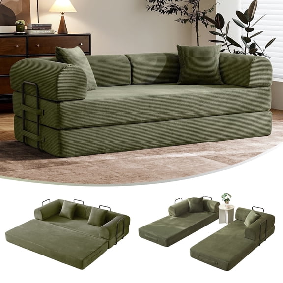 SAVENICA 79" Convertible Sofa Bed for Small Spaces, No Assembly Fixed Frame with Removable Arms, Corduroy Sleeper Sofa Includes 2 Pillows, Light Green