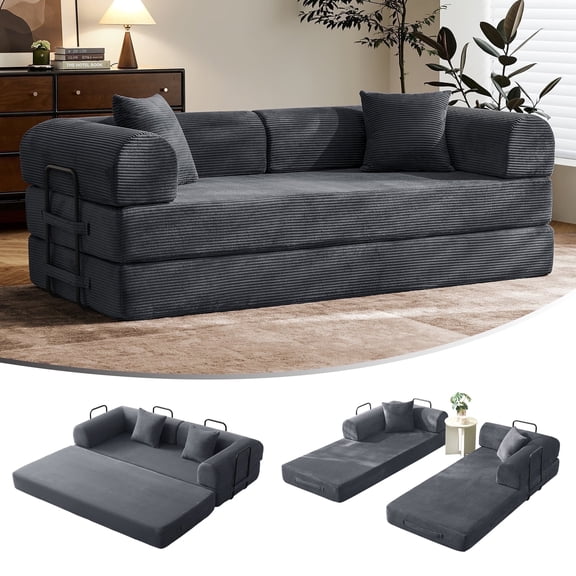SAVENICA 79" Convertible Sofa Bed for Small Spaces, No Assembly Fixed Frame with Removable Arms, Corduroy Sleeper Sofa Includes 2 Pillows, Dark Gray