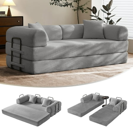 SAVENICA 79-inch 5-in-1 Convertible Sofa Bed, Fixed Frame with Removable Arms for Small Spaces, Light Gray
