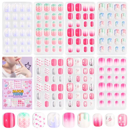 SAVILAND 168Pcs 7 Pack Press on Nails for Kids Children Fake Nails Stick on Nails Full Cover Glitter Gradient Color Star Short Acrylic Nail Tips Nail Art Gifts for 8-12 Year Old Kids Girls