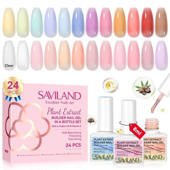 SAVILAND 24 Colors Builder Nail Gel Set: Castor Oil & Vitamin E Gel Builder in a Bottle Spring Translucent Color Nail Strengthener Extension Gel Hard Gel for Nails Care Repair
