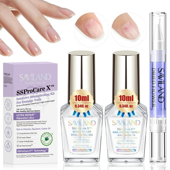 SAVILAND 3-in-1 Nail Strengthener Kit: Ultra Repair Nail Growth and Strengthener with Vitamin E Castor Oil Nail Strengthener for Damaged Nails Care Kit for Repairing Nourishing Weak Brittle Nail Home