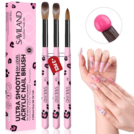 SAVILAND 3Pcs Acrylic Nail Brush Set: Professional Nail Art Brushes for Acrylic Powder Application, Acrylic Nail Kit Set for Nails Extension 3D Nail Caving DIY(Size 8/10/14)