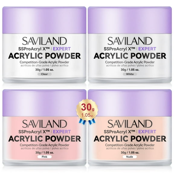 SAVILAND 4PCS Acrylic Powder: 30g Clear/White/Nudes Pink Colored Acrylic Nail Powder Keratin Acrylic Powder Set Professional Nail Powder for Nail Extension Carving 3D Nail Art Manicure Salon