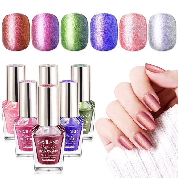 SAVILAND 6pcs Chameleon Nail Polish Set: 6 Colors Aurora Shimmer Fingernail Polish Holographic Green Purple Red Glitter,Fast Quick-Dry Nail Lacquer Manicure Art Kit