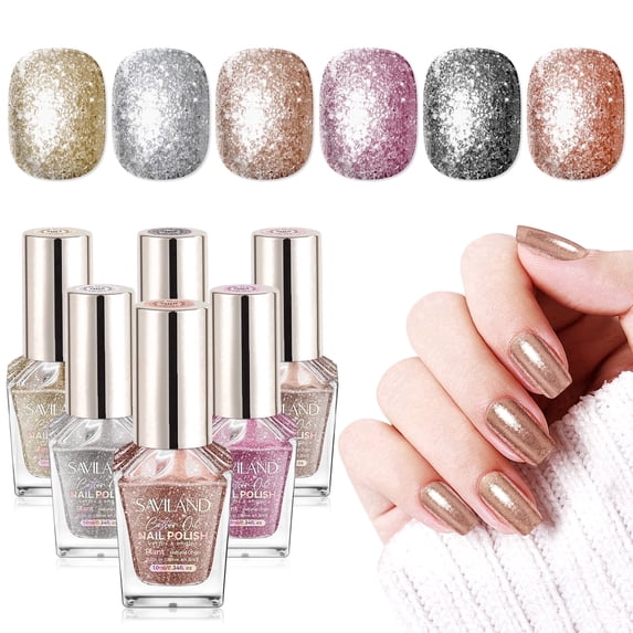 SAVILAND 6pcs Color Artistry Glitter Nail Polish Set: Holographic Diamond Sparkle Shades Fingernail Polish Non-Gel, Quick-Dry & 7 Days Nail Lacquer Kit for Women Manicures Toe Nail Art DIY Salon