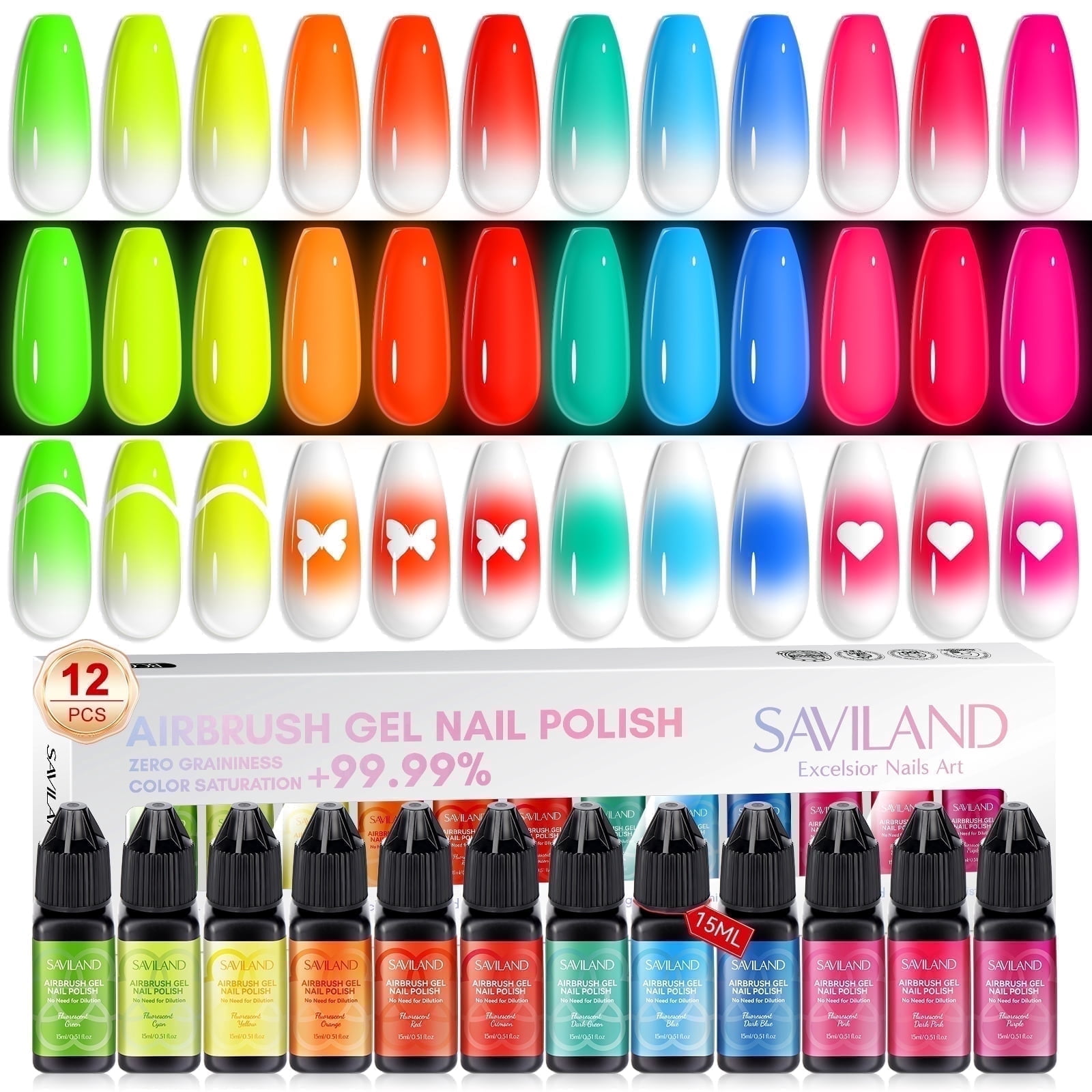 SAVILAND Airbrush Gel Nail Polish: No Dilution Fluorescent Airbrush Nail Polish Shine All Night Long, 12 Colors Glows in The Dark for Nails French Manicure DIY Nail Salon, Gifts & Party & Bar Social