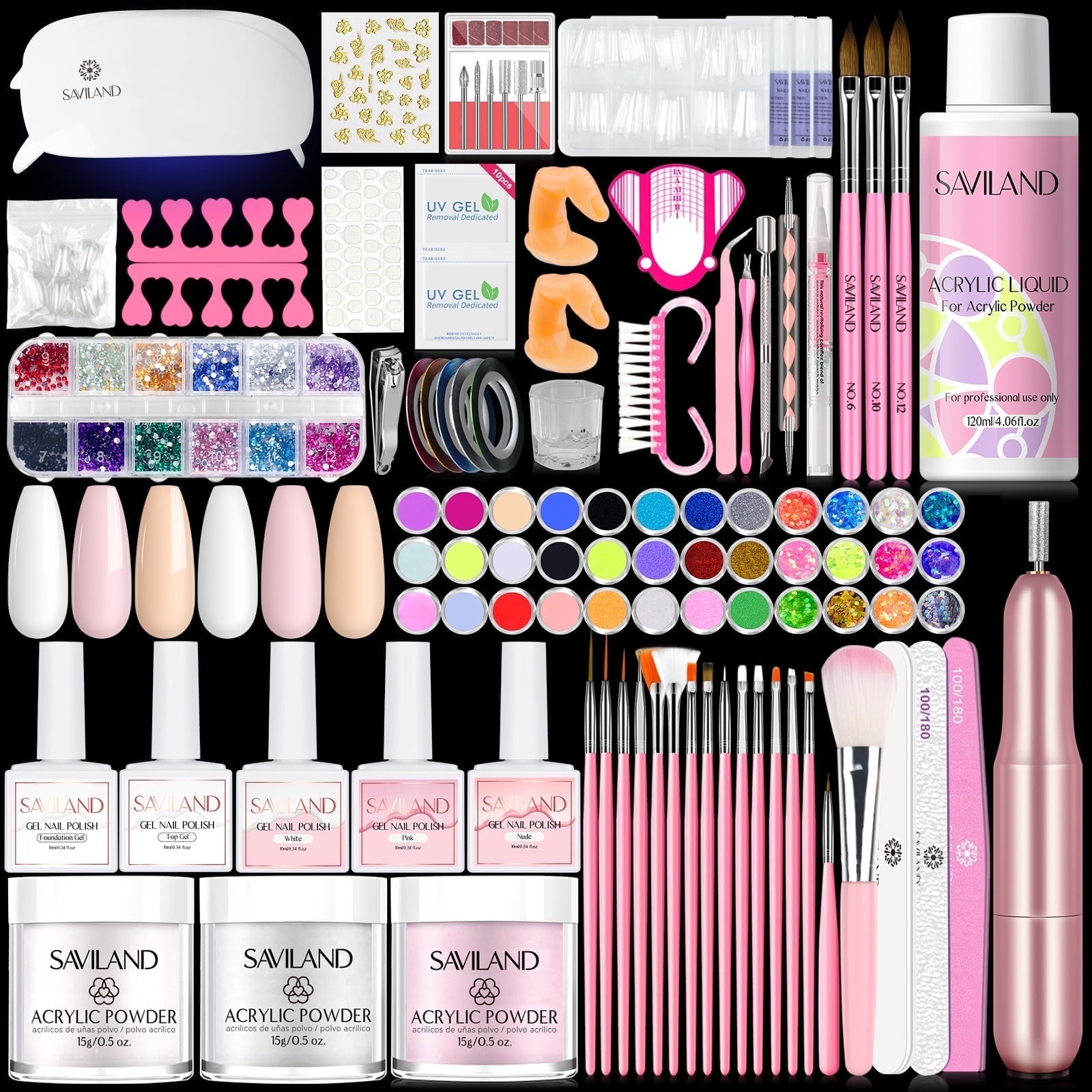 SAVILAND All-in-one Acrylic Nail Kit– Acrylic Powder & Acrylic Liquid Set with Gel Nail Polish Acrylic Brush Clear Nails Tips Nail Art Tools Nail Stuff for Starters