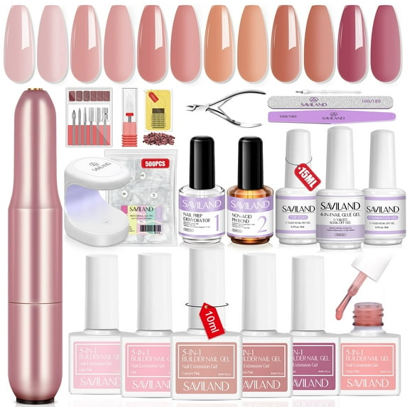 SAVILAND Builder Nail Gel Kit with Nail Drill: Castor Oil Vitamin E Builder Nail Gel in a Bottle 6 Colors Hard Gel for Nails Strengthener Extension Gel Mini Nail Lamp Nail Glue Gel