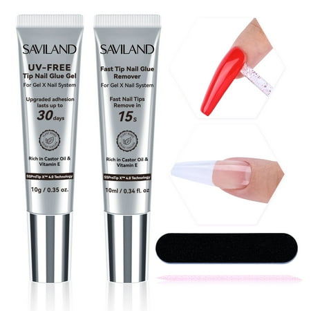 SAVILAND No Curing Nail Glue Gel with Remover: 30-Day Long-Lasting Semi Solid Nail Glue for Press Ons Tips 15s Quick Drying Strong Nail Glue Remover No Need for U V Lamp Nail Art Tools