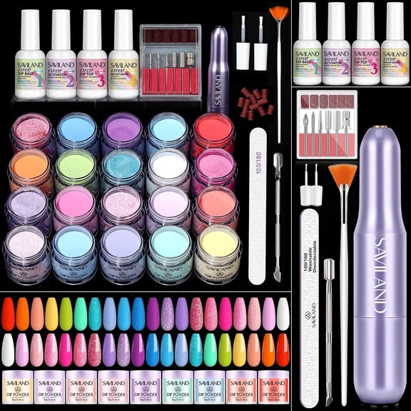SAVILAND Plus Dip Powder Nail Kit with Drill : 60 g Clear Dip Powder with Dip Base & Top Activator Brush Saver Enrich Castor Oil VE VB for French Nail Art