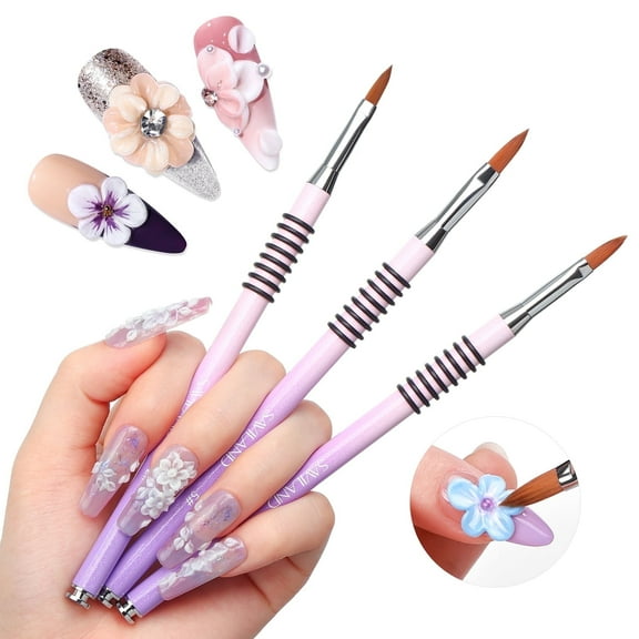 SAVILAND Essentials 3D Acrylic Nail Art Brush Set: 3Pcs Professional Kolinsky Sculpture Brushes Sizes 2/4/5 Purple-Pink Gradient Non-Slip Grip Handle for Acrylic Application 3D Flower Designs