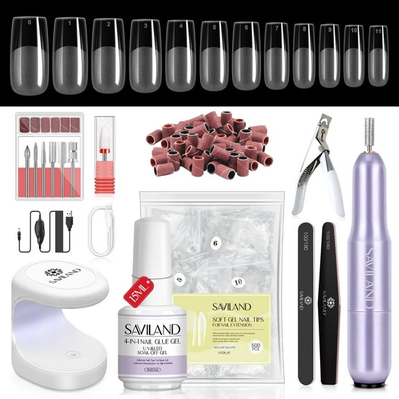 SAVILAND Gel X Nail Kit – Acrylic Nail Kit with Nail Drill 500PCS Square Nail Tips 4-in-1 Nail Glue Gel & U V/LED Nail Lamp Nail Art Design Home Salon Starter Kit