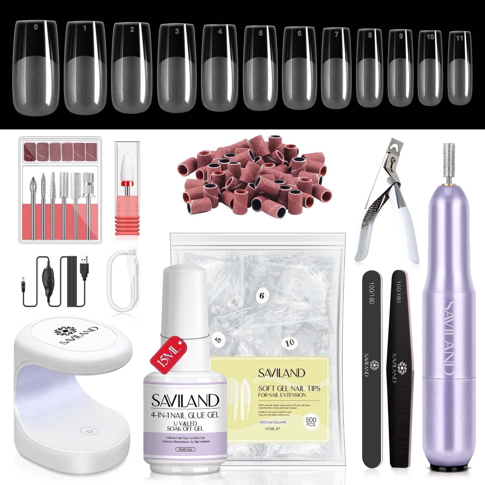 Saviland Gel X Nail Kit with Drill, 500PCS Short Coffin Tips