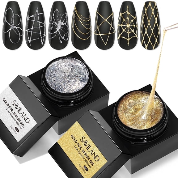 SAVILAND Gold & Silver Spider Gel for Nails: 2 PCS Glitter Spider Gels for Nail Art No-Wipe Unbreakable Gel Liner Nail Polish for Drawing Line Sparkling Effect Beginner Home DIY Salon Use