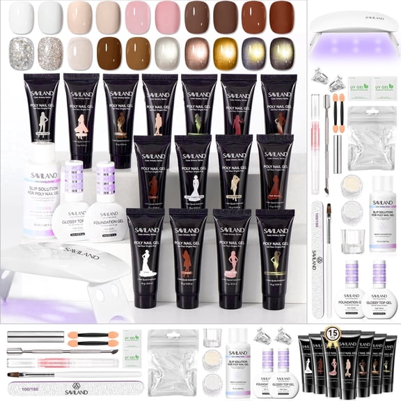 SAVILAND HEMA-Free Poly Gel Nail Kit with UV Lamp – 15 Colors Builder Extension Gel Set, White Nude Brown Jelly Glitter & Cat Eye Poly Nail Gel, Long Lasting DIY Nail Art Kit for Home Salon