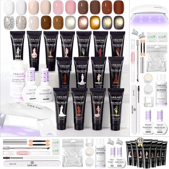SAVILAND HEMA-Free Poly Gel Nail Kit with UV Lamp – 15 Colors Builder Extension Gel Set, White Nude Brown Jelly Glitter & Cat Eye Poly Nail Gel, Long Lasting DIY Nail Art Kit for Home Salon