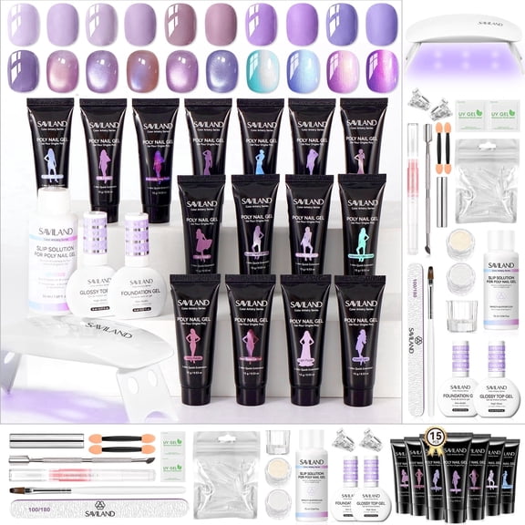 SAVILAND HEMA-Free Poly Gel Nail Kit with UV Lamp – 15 Colors Builder Nail Gel Kit for Beginners, Cat Eye & Duochrome Nail Extension Set, Long Lasting DIY Nail Art Manicure Kit for Home Salon