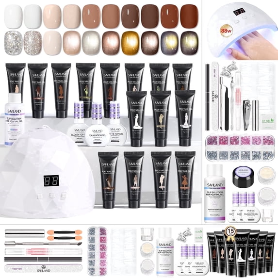 SAVILAND Poly Nail Gel Kit 15 Colors Cat-Eye Brown with 88W U V Lamp for Nail Extension