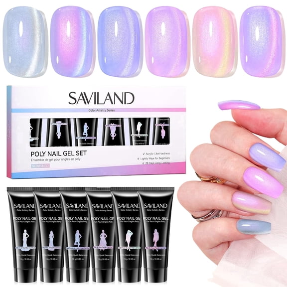 SAVILAND Hema-Free Poly Gel: Fast & Easy Poly Extension Gel Nail Kit 6 Colors with Cat Eye Effect, 28-Day Lasting Nourishing with Castor Oil, Quick Nail Extensions