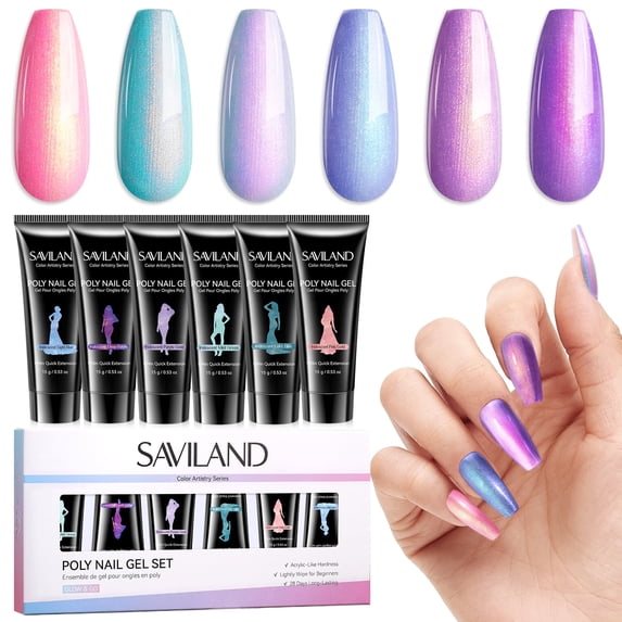 SAVILAND Hema-Free Poly Gel Nail Kit: 6 Colors 28-Day Lasting Poly Gel, Fine Shimmer Pink Blue Purple Poly Extension Gel Nail Kit, Nourishing Nail Extension Enhancement
